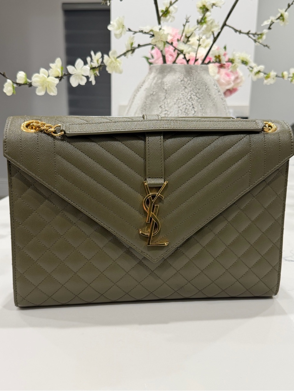 Saint Laurent Quilted Olive Green Envelope Shoulder Bag with Gold Hardware - Picture 2 of 14